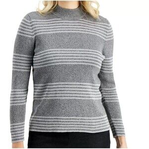 Karen Scott Size S Petite Womens Sweater Mock Neck Smoke Grey Heather Stripe